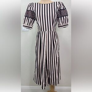 Vintage Petrina Striped Floral Puff Sleeve Pleated A-Line Dress Women's M